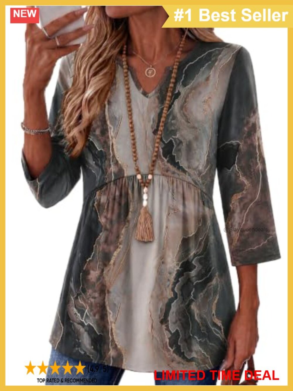 Women's 3/4 Sleeve V-Neck Henley Ruched Tunic Top Blouse